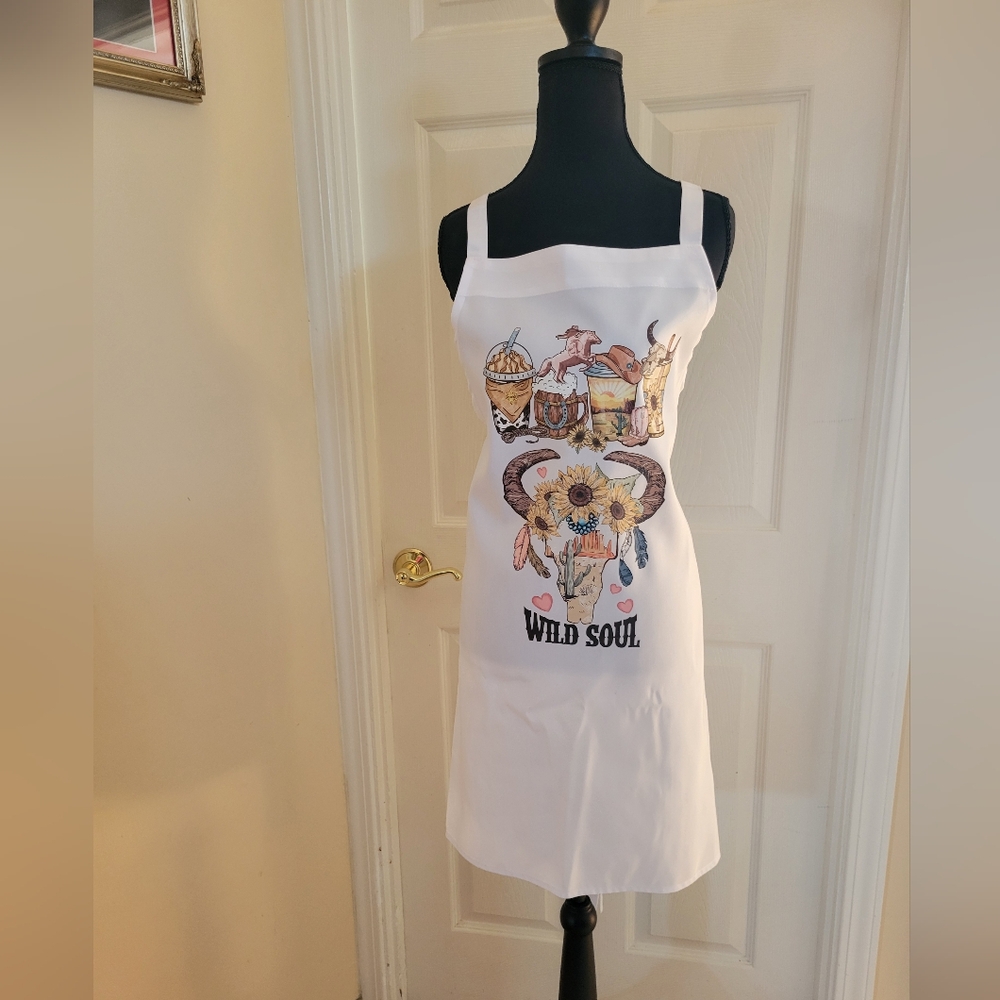 Western White Apron with Wild Soul Graphic Cowgirl Cooking Kitchen Gift
